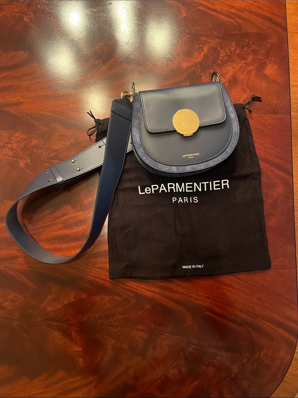 Le Parmentier Navy Leather Crossbody with Gold Accent